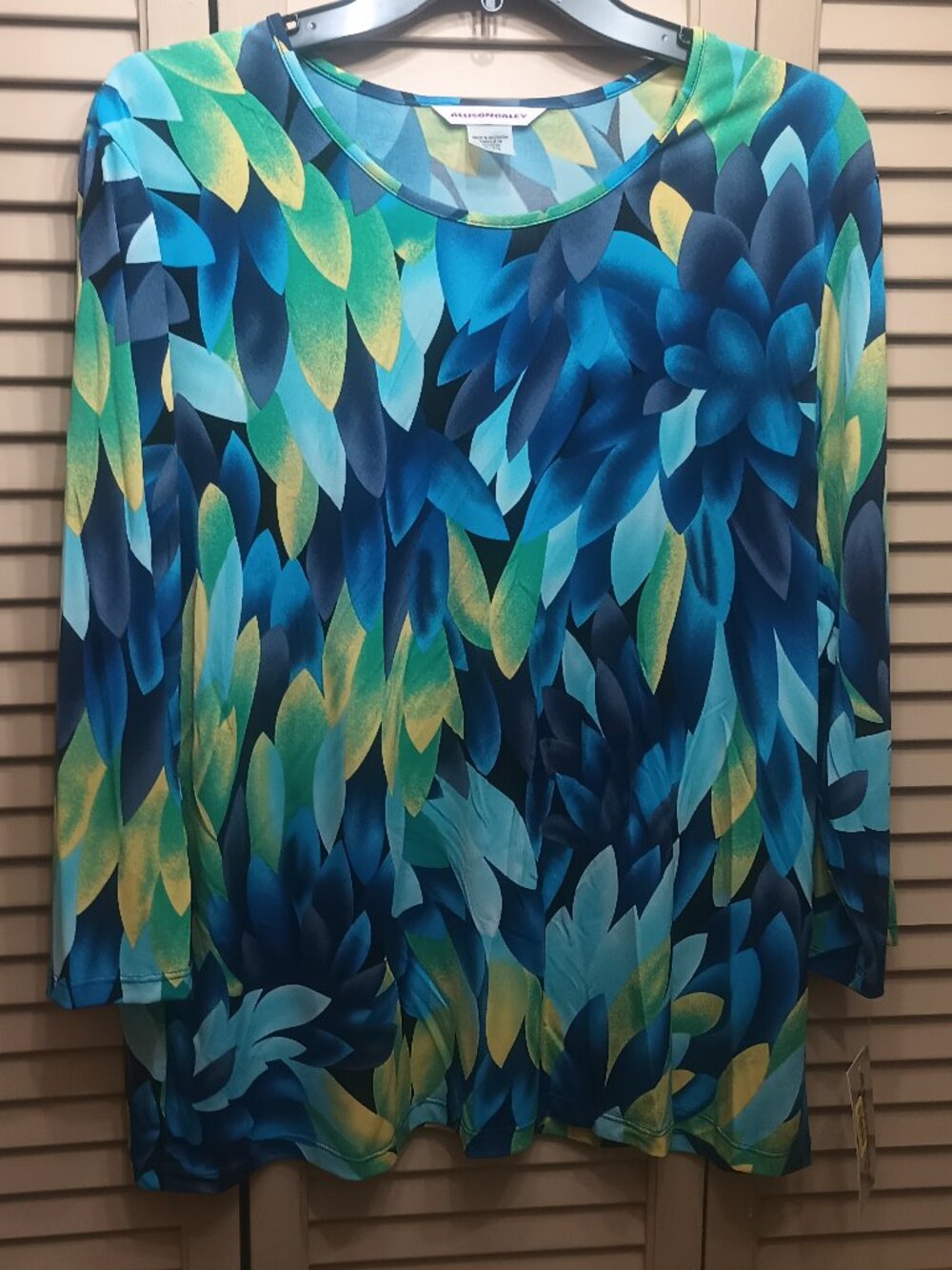 Allison Daley 3/4 sleeve Blue Feather Pattern Round Neck Tunic XL